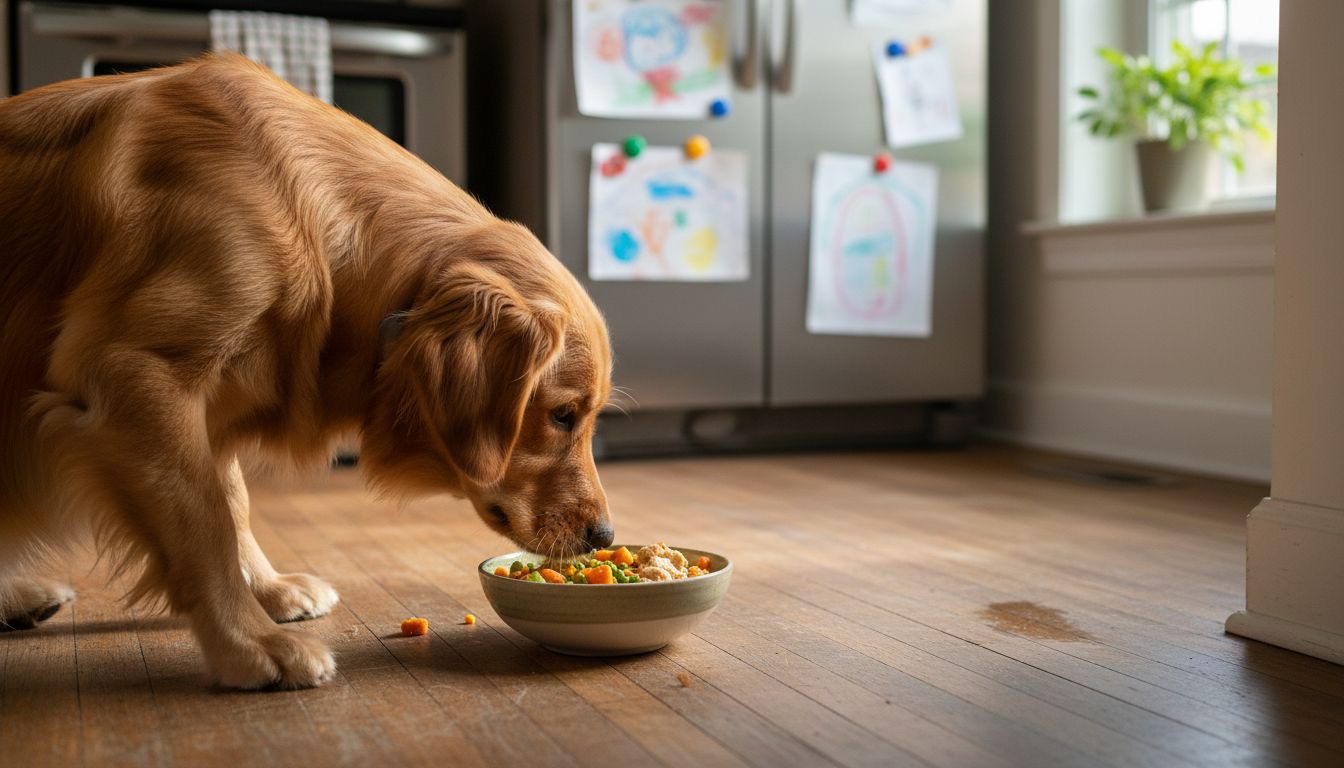 Dog enjoying premium healthy food in kitchen