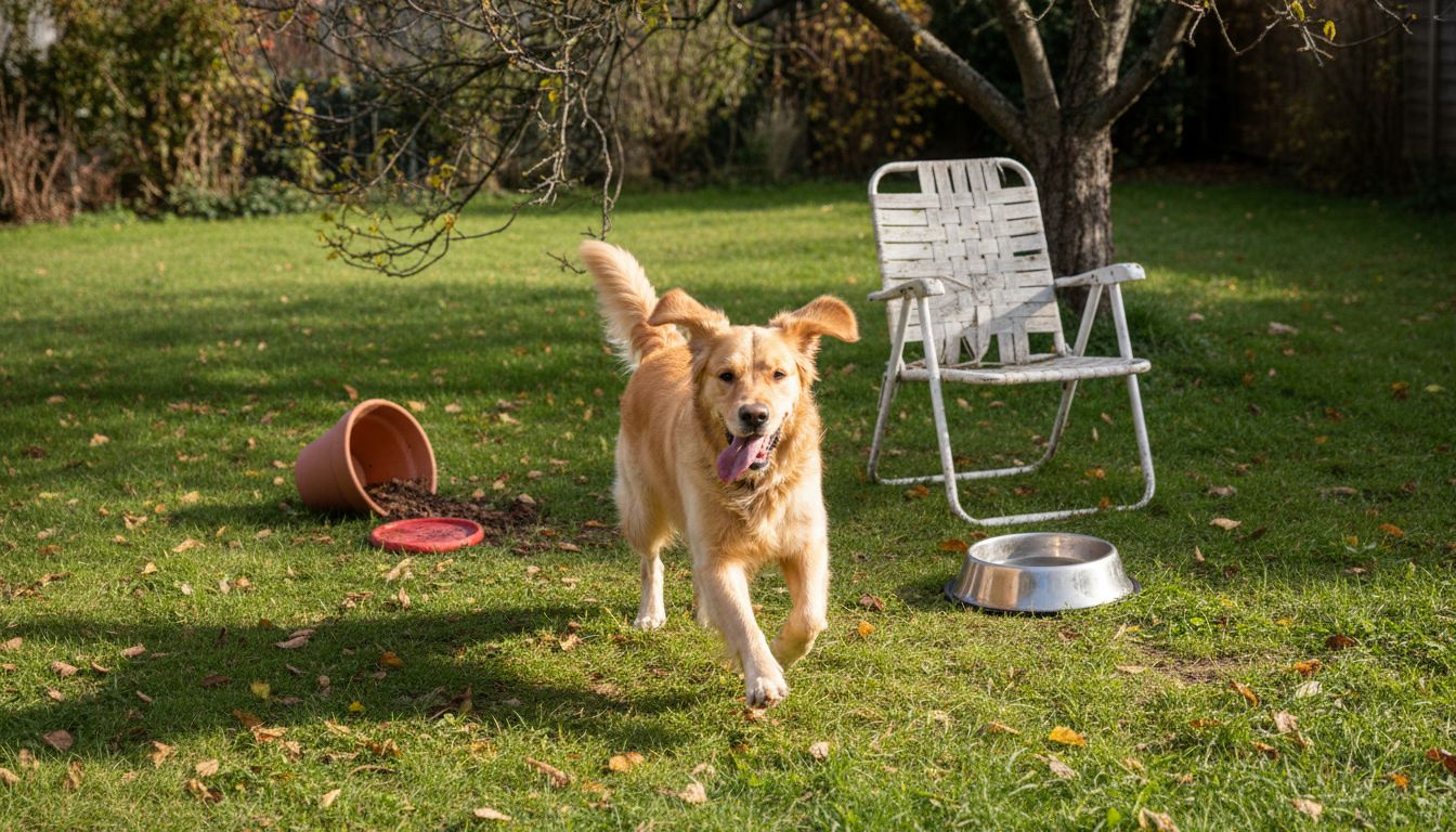 Energetic dog running in backyard sunlight