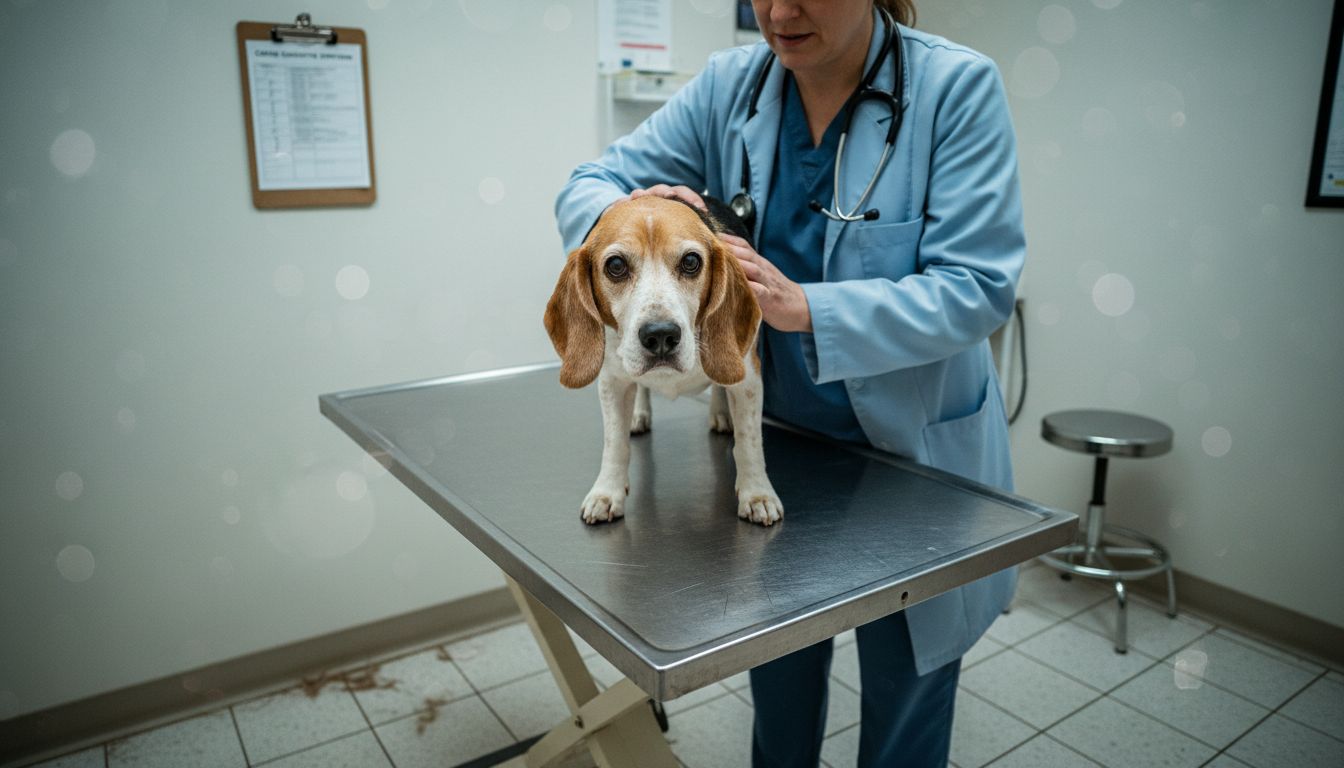 Veterinarian examining dog's abdomen on table