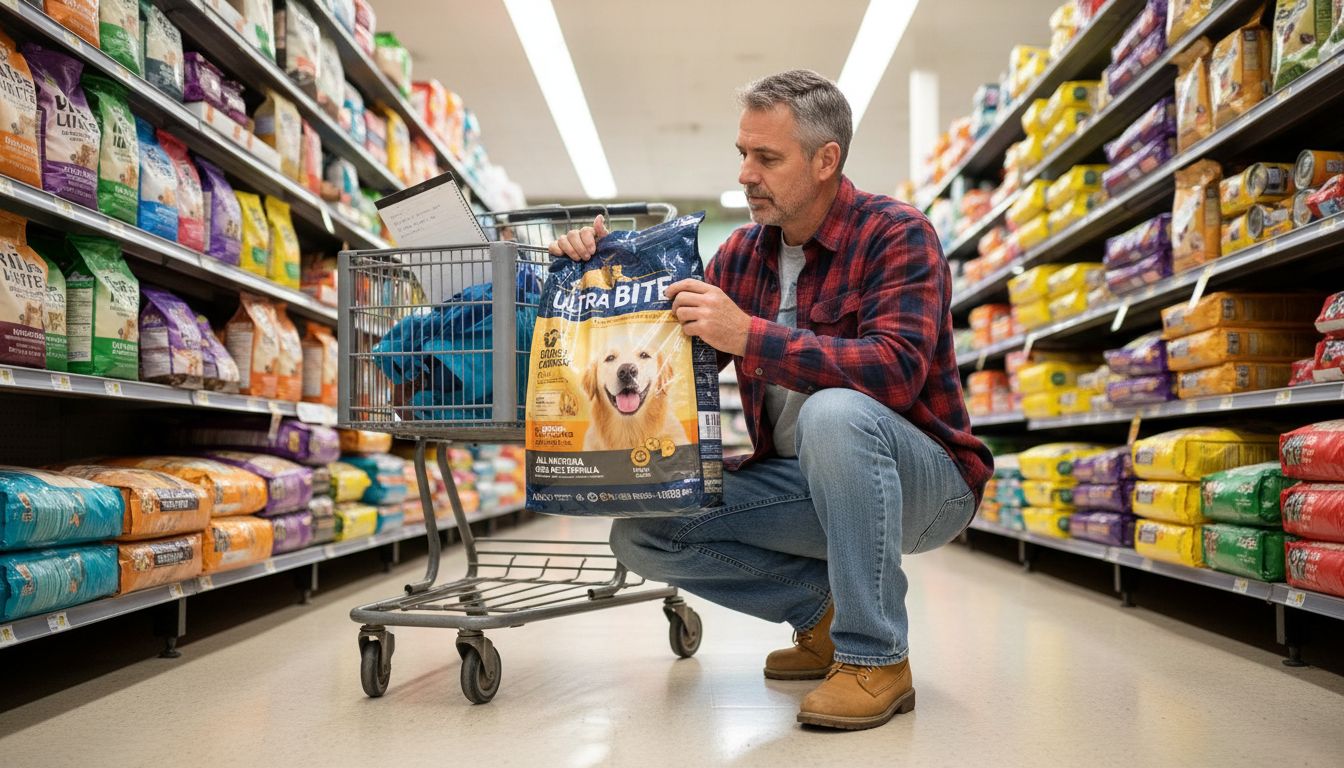 Pet owner reading premium dog food label