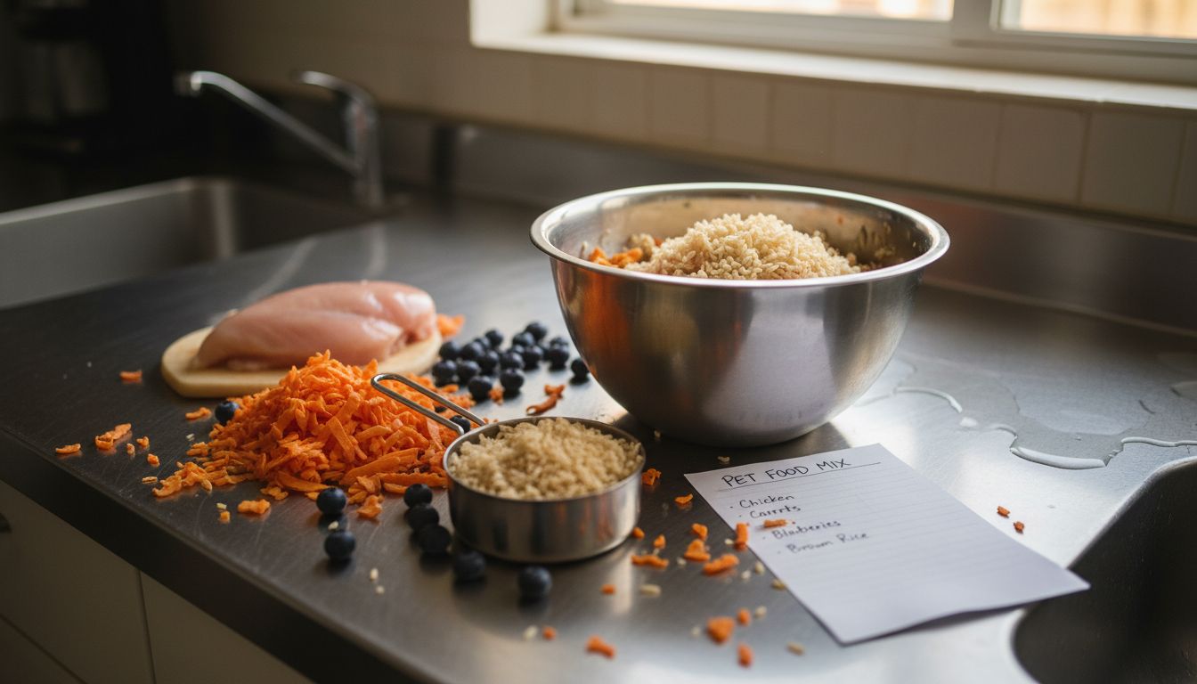 Fresh premium pet food ingredients on counter