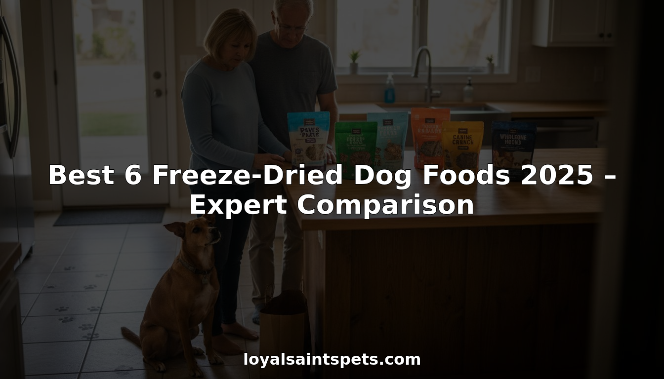 Couple with dog reviewing freeze-dried food options