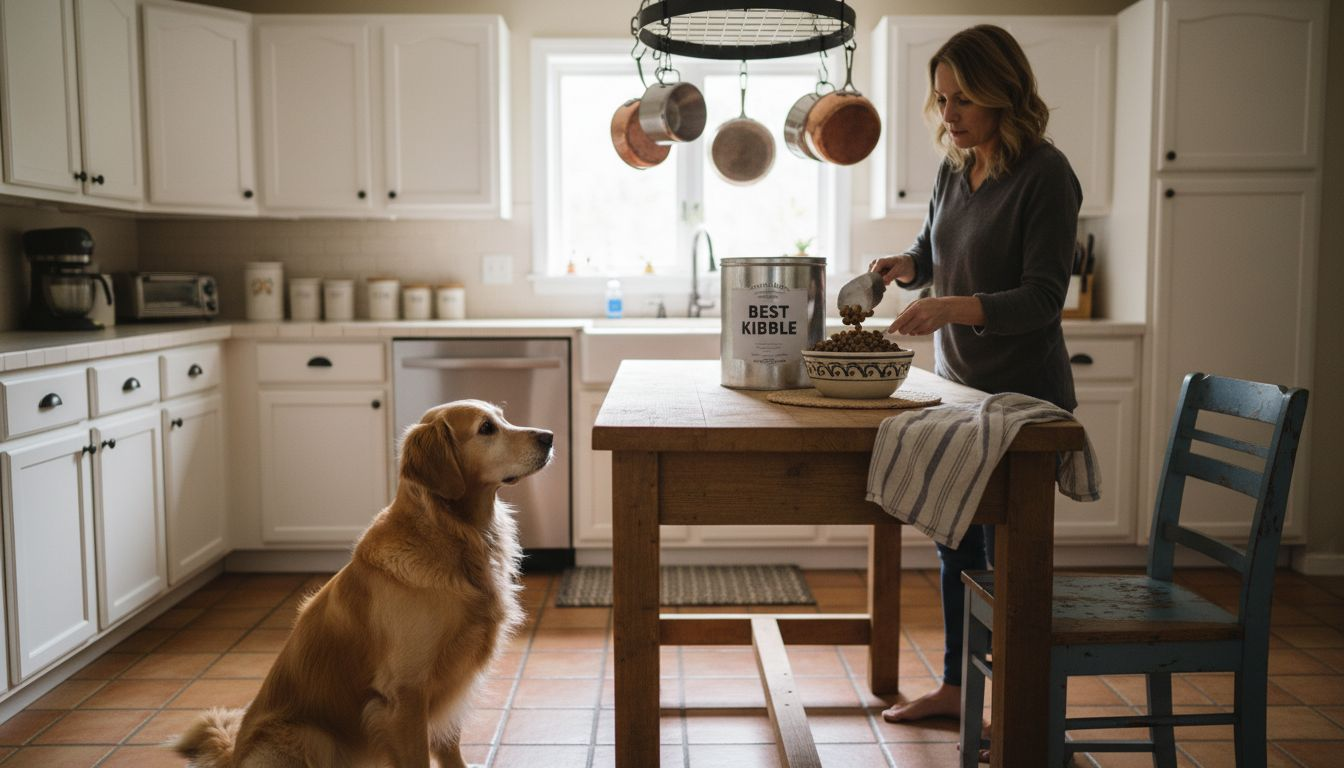 Dog and owner preparing healthy meal