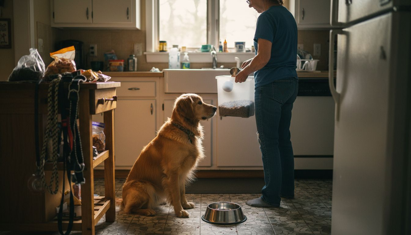Dog and owner preparing balanced meal in kitchen