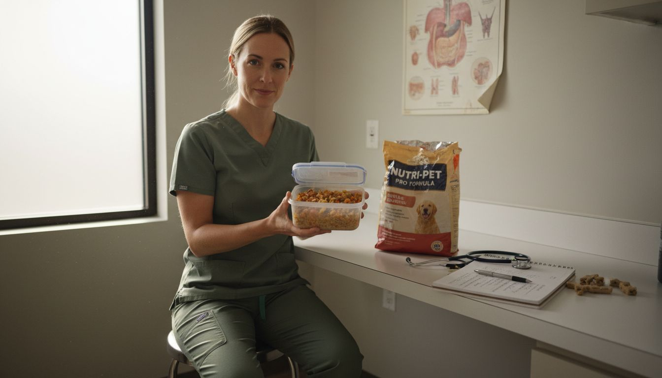 Vet showing fresh and commercial canine food