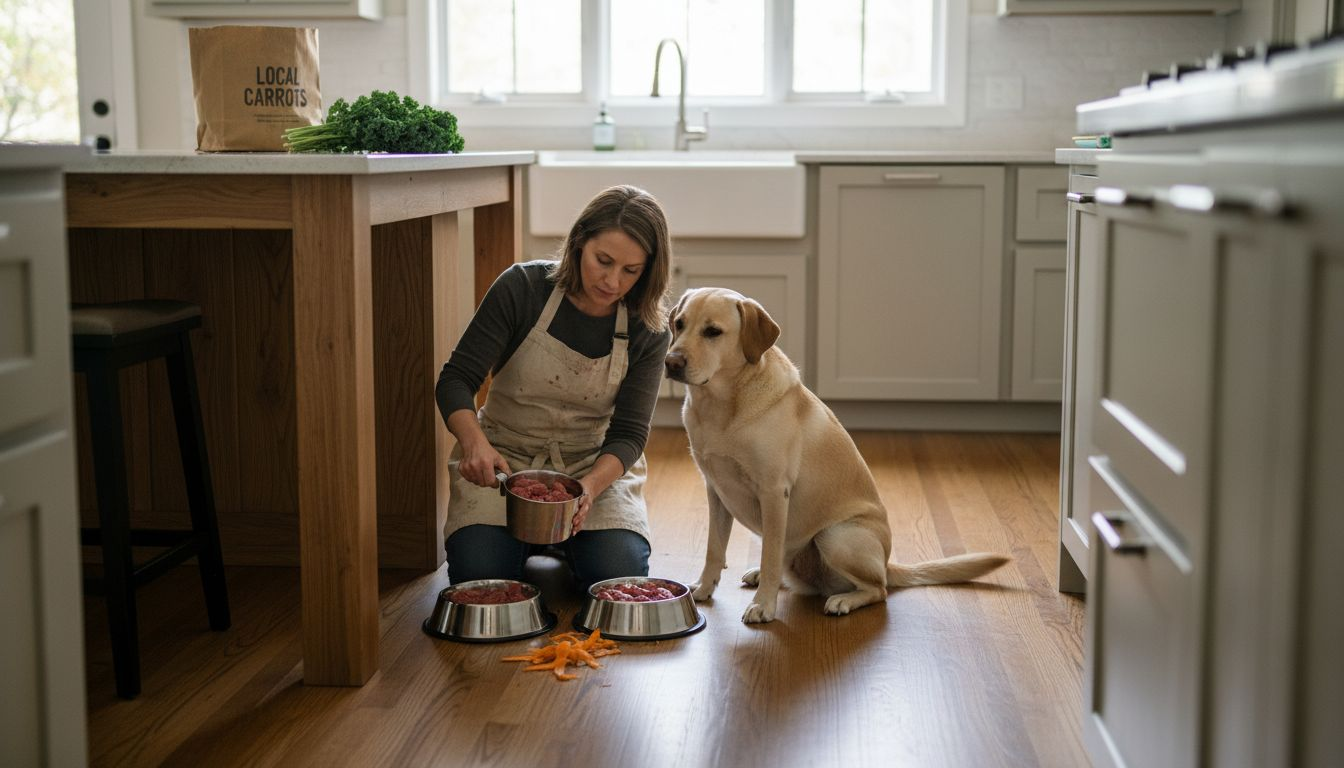 Dog owner preparing whole food diet in kitchen