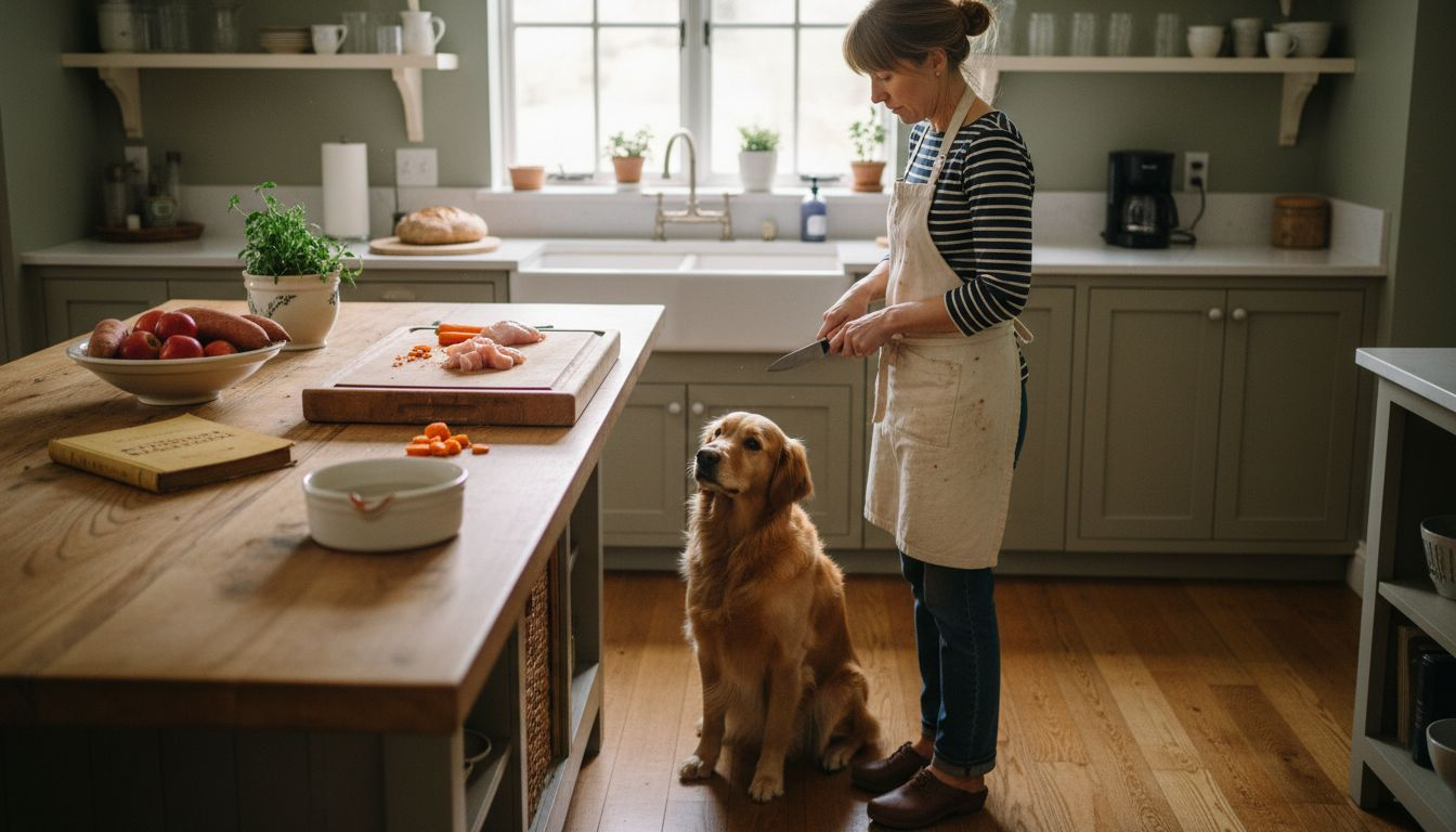 Dog waiting in kitchen for natural food preparation