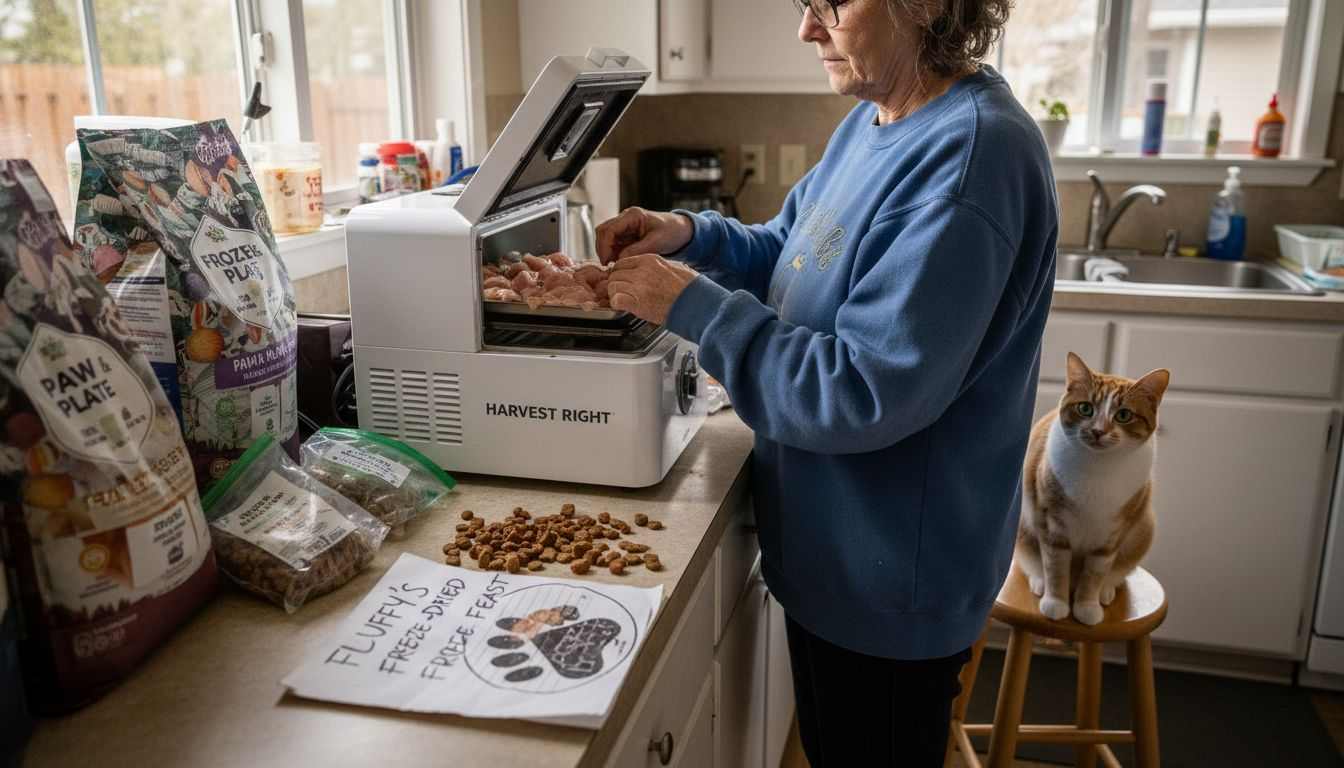Woman preparing freeze-dried pet food at home
