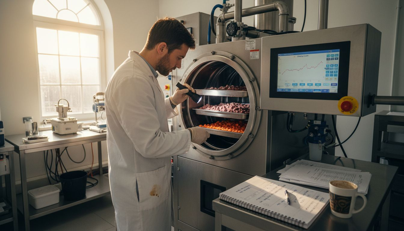 Technician inspecting freeze-drying of pet food