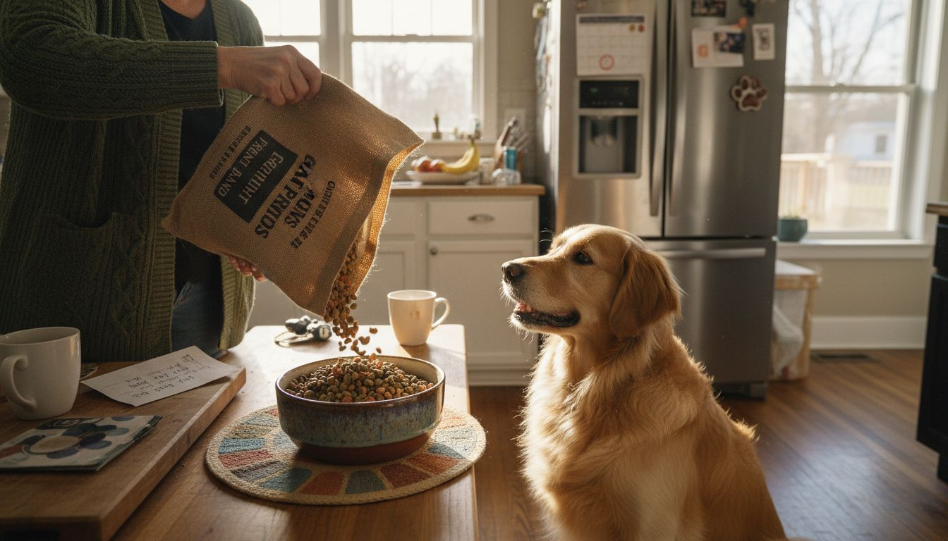 Woman serving premium dog food in bright kitchen