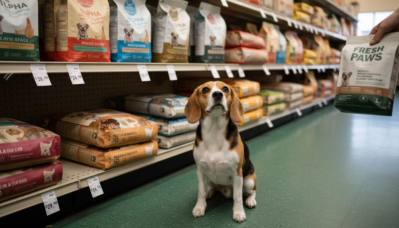 Beagle and shopper examining dog food ingredients