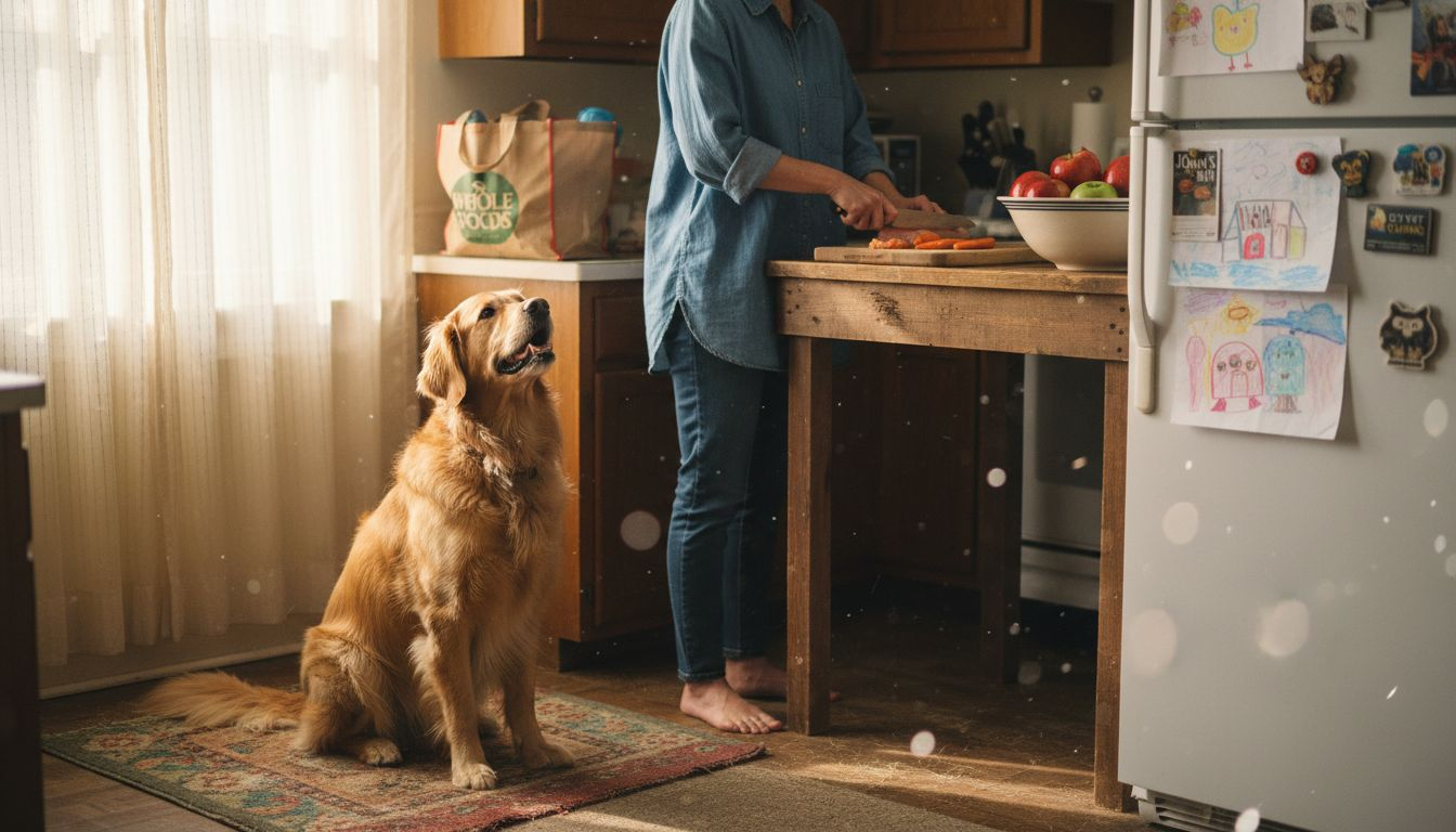 Dog watching healthy food prep in kitchen