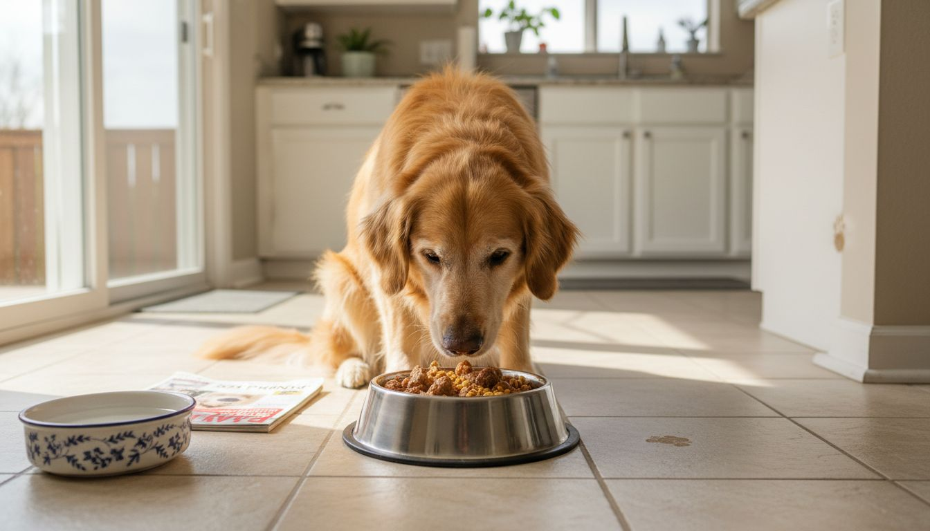 Dog eating bowl of protein-rich food