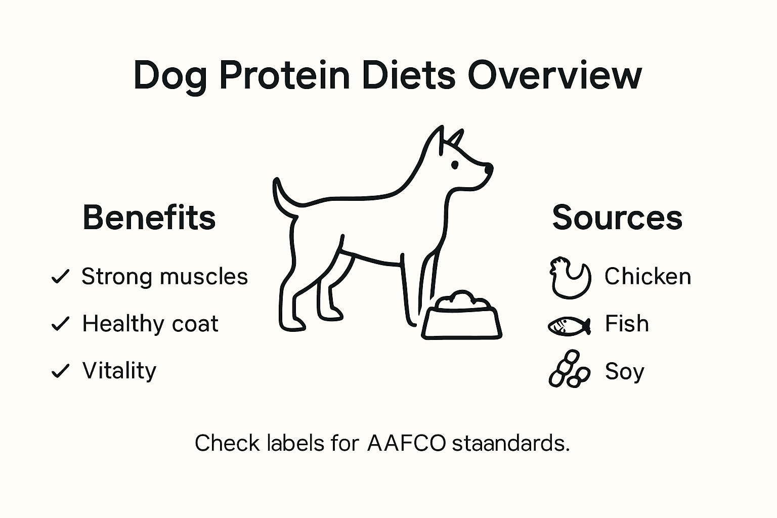 Infographic of dog protein diet benefits and sources
