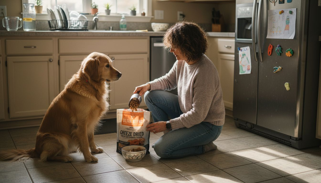 Woman preparing freeze dried dog food for pet