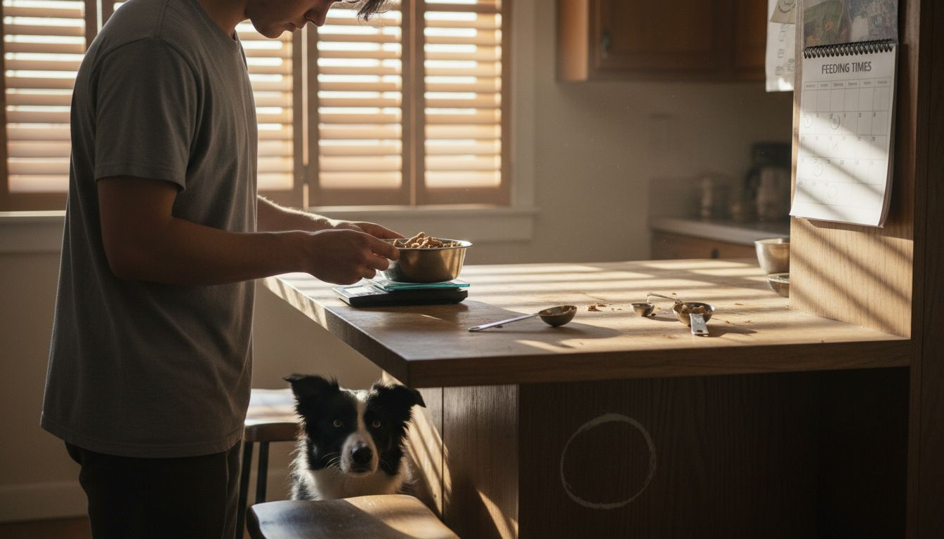 Person measuring dog food portions at home