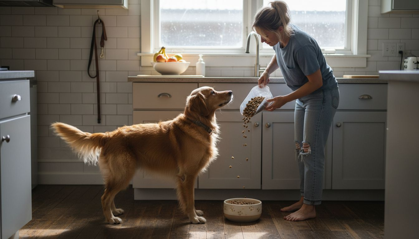 Dog waiting for natural food by owner