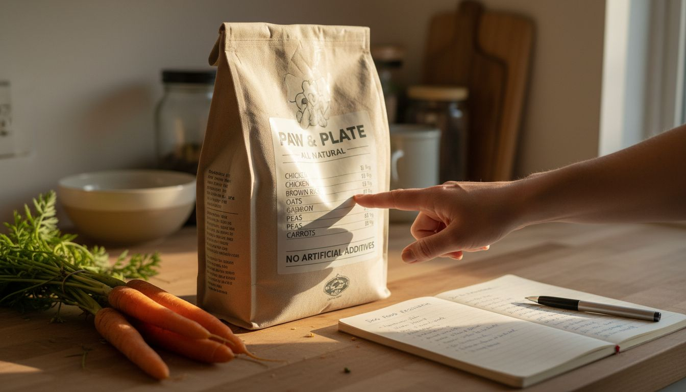 Hand points at dog food ingredient list