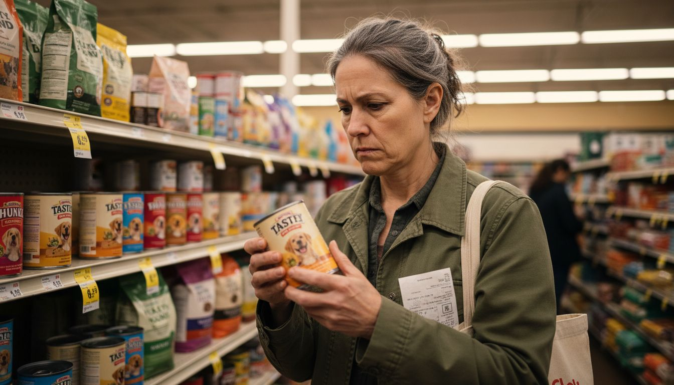 Woman reading premium dog food label store aisle