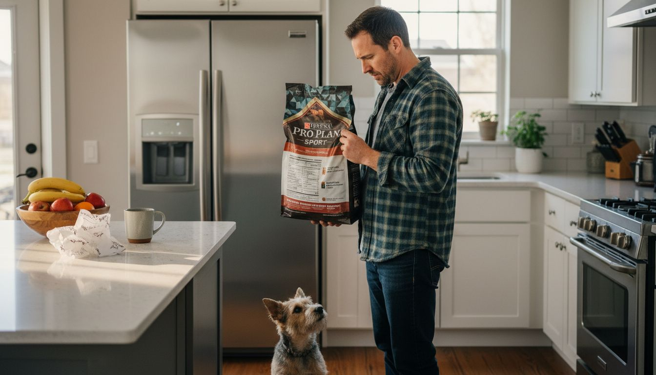 Man reads natural dog food ingredients