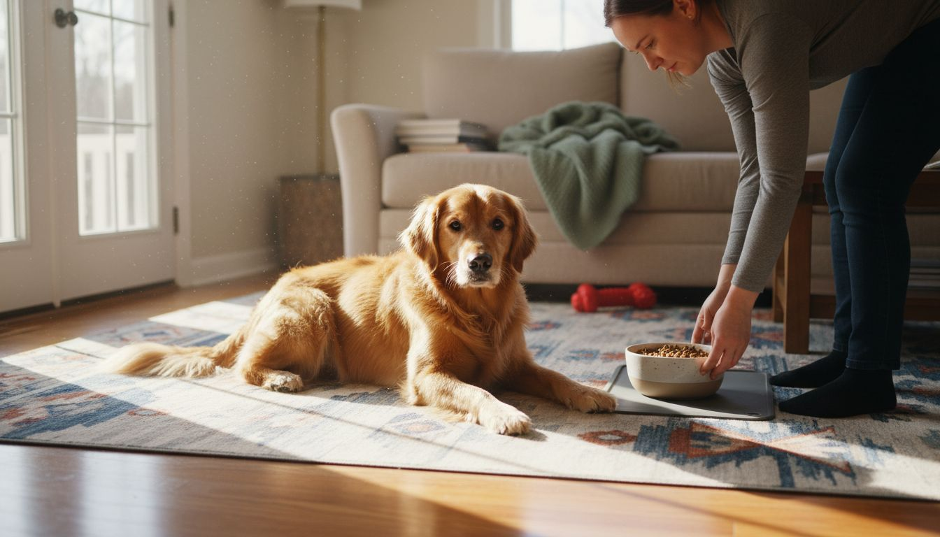 Happy dog relaxing in sunlit family room