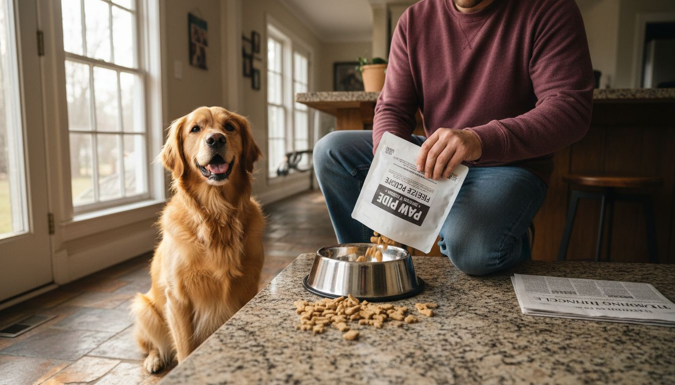 Golden retriever eating freeze-dried dog food