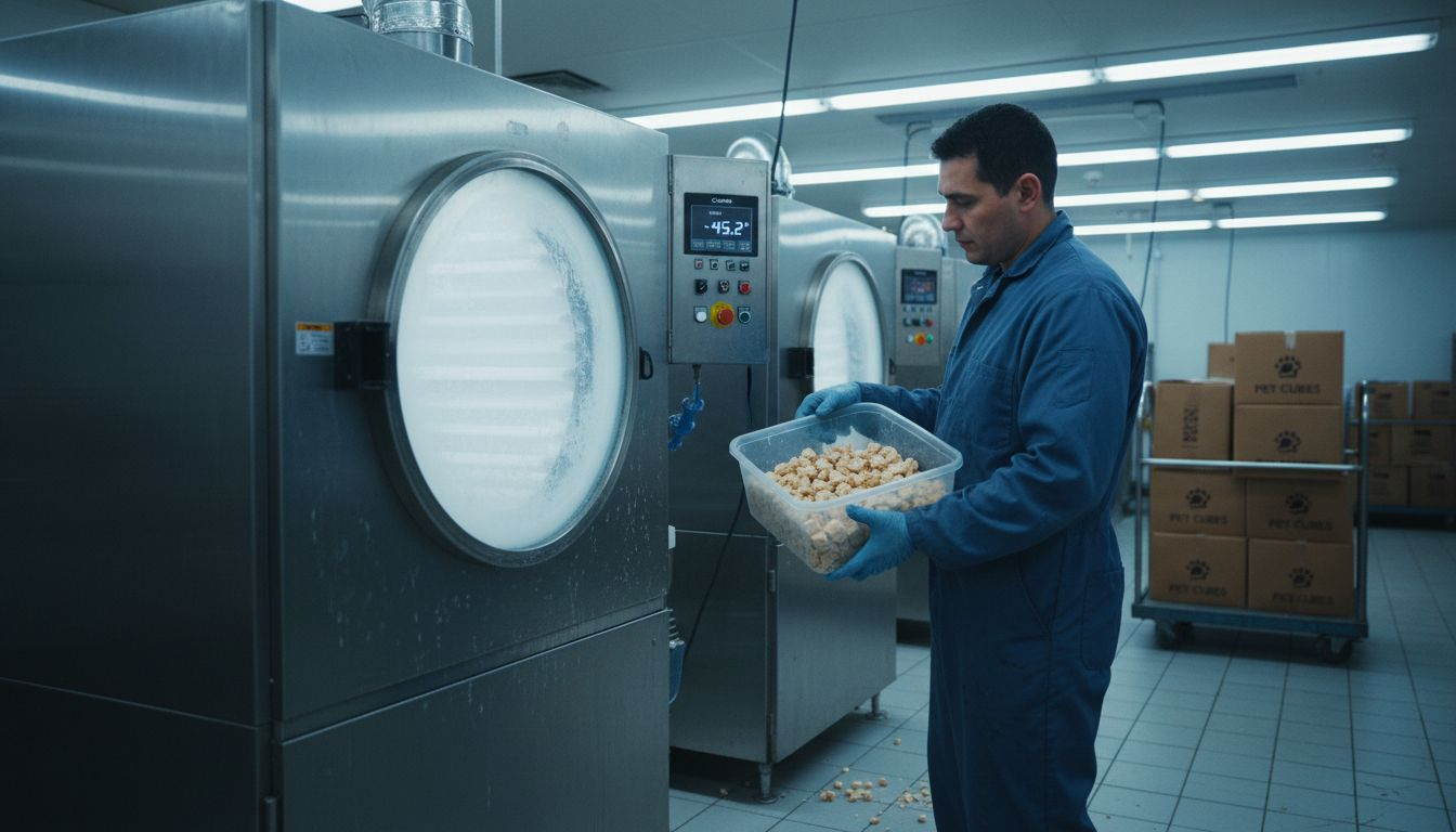 Technician with freeze-dried pet food equipment