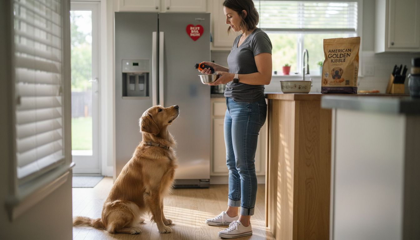 Woman training dog with food in kitchen