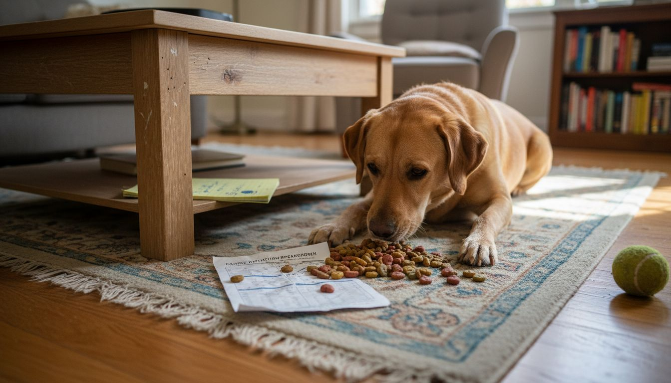 Dog near dog kibble and nutrition chart