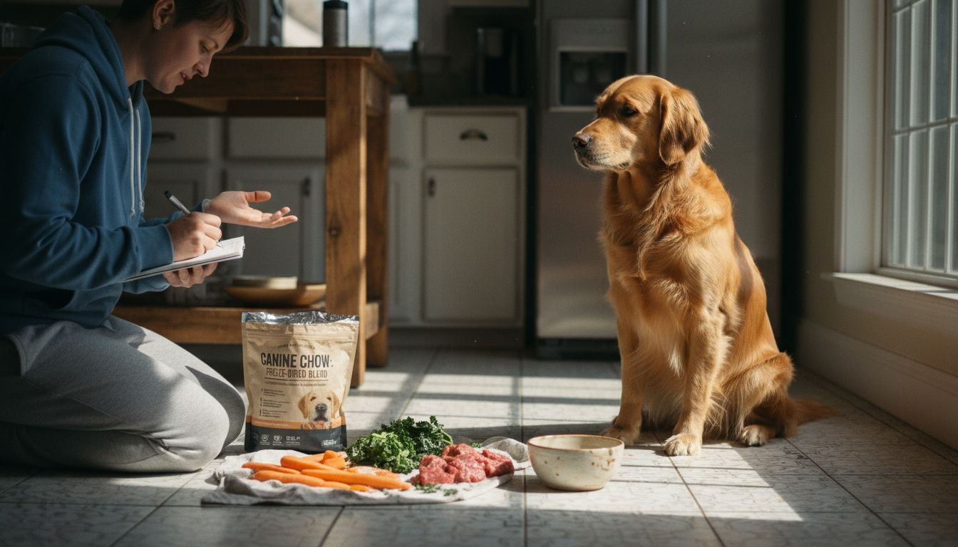 Golden retriever in kitchen with fresh dog food