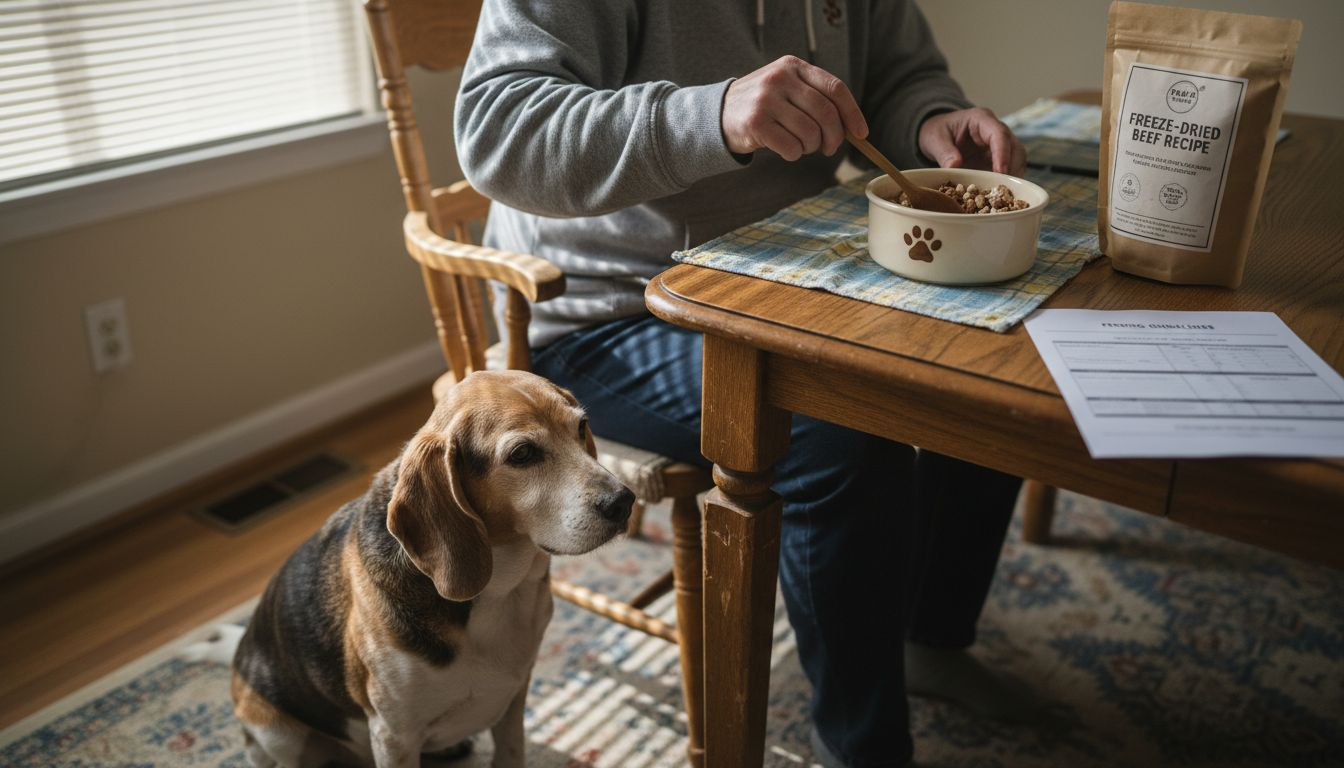 Owner mixing freeze-dried nuggets for beagle