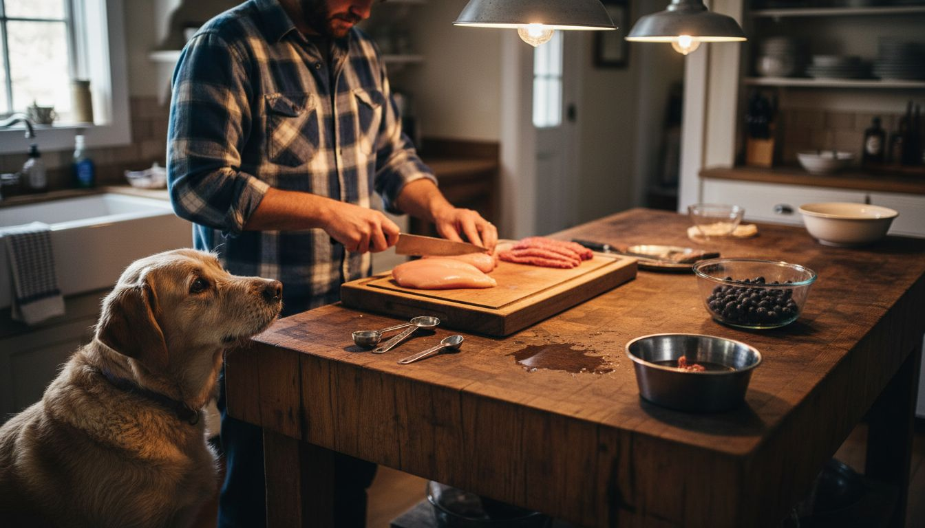 Dog in kitchen with fresh meat preparation