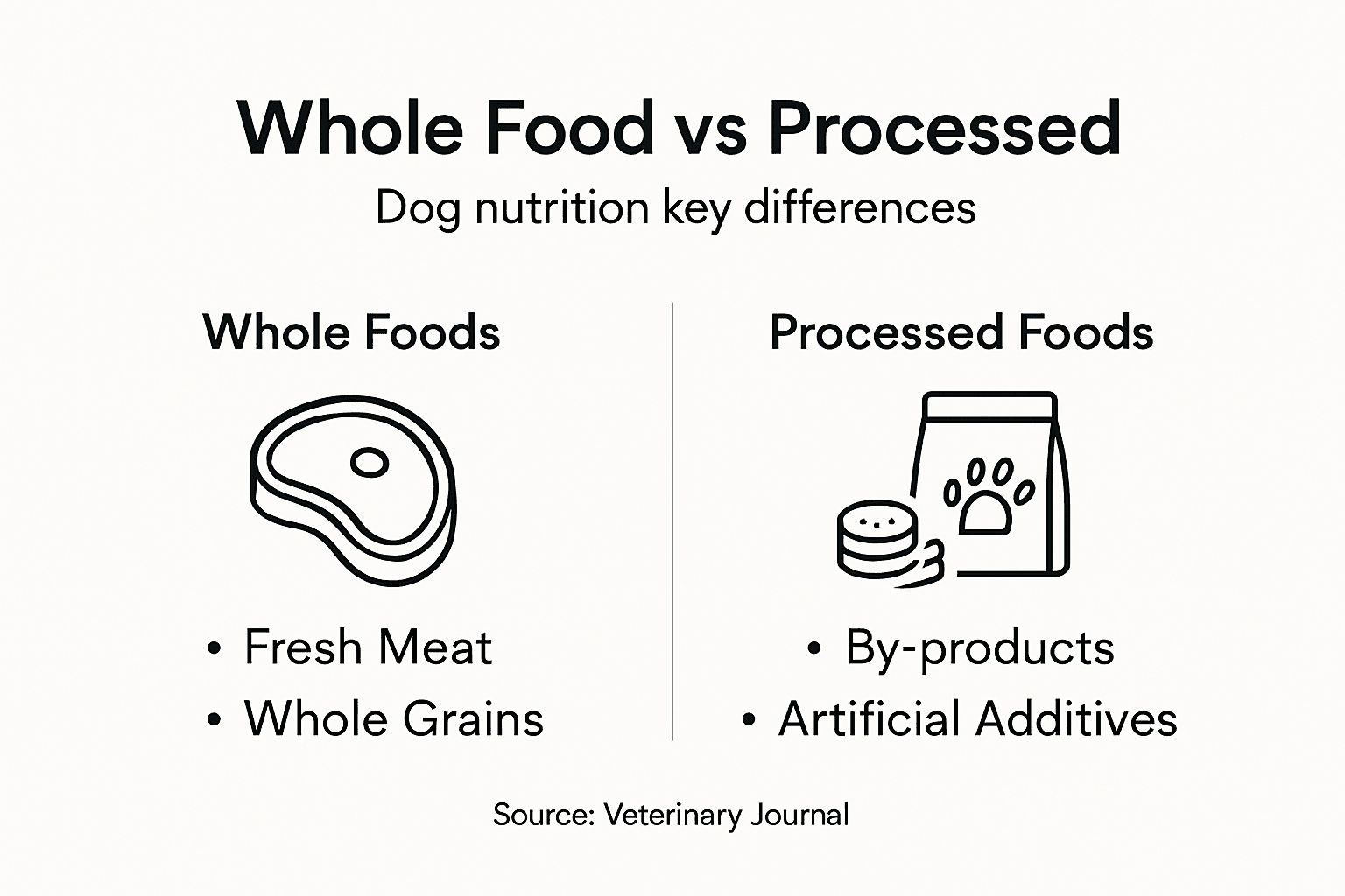 Infographic comparing whole and processed dog foods