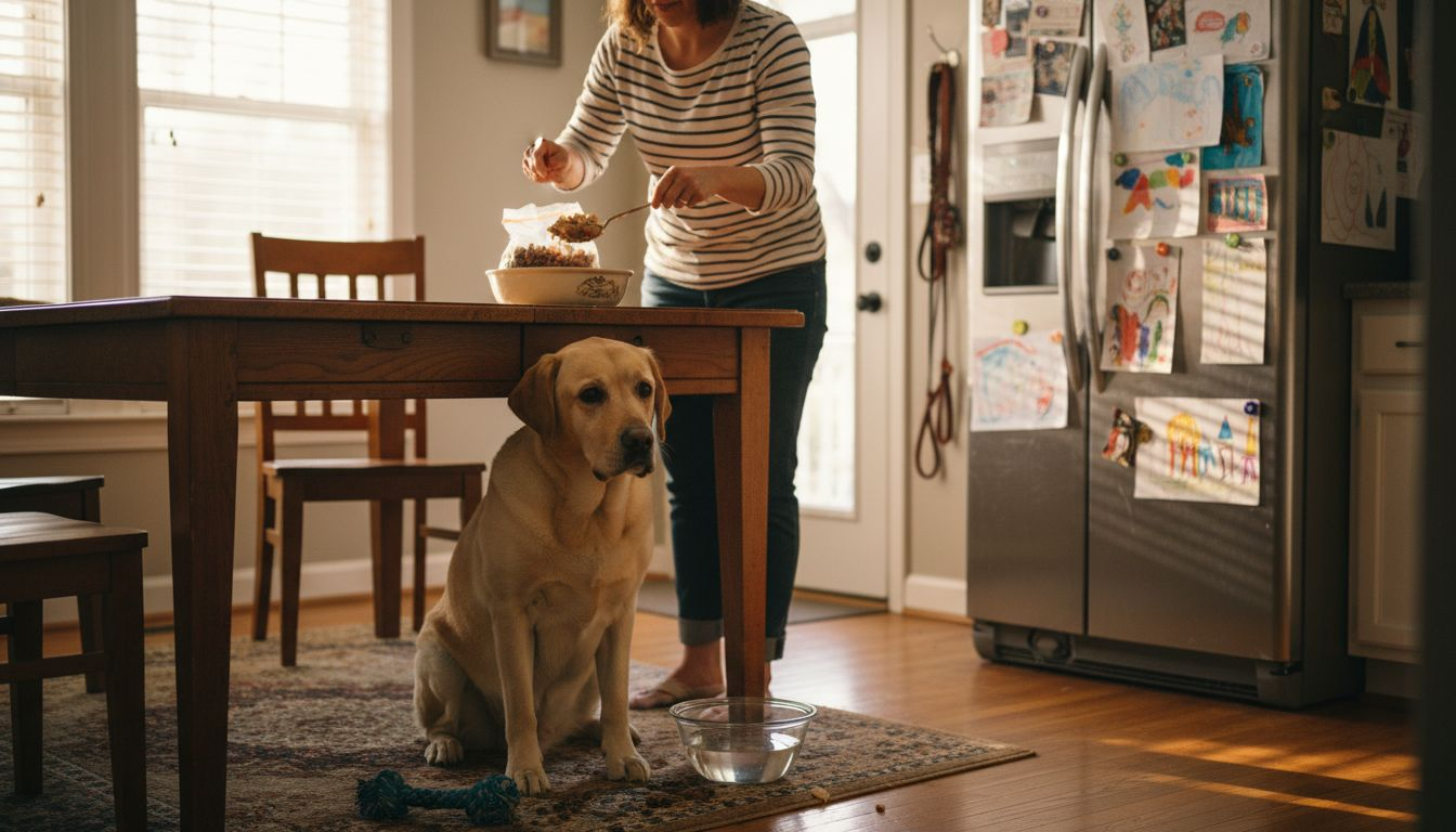 Dog waiting for healthy meal in kitchen