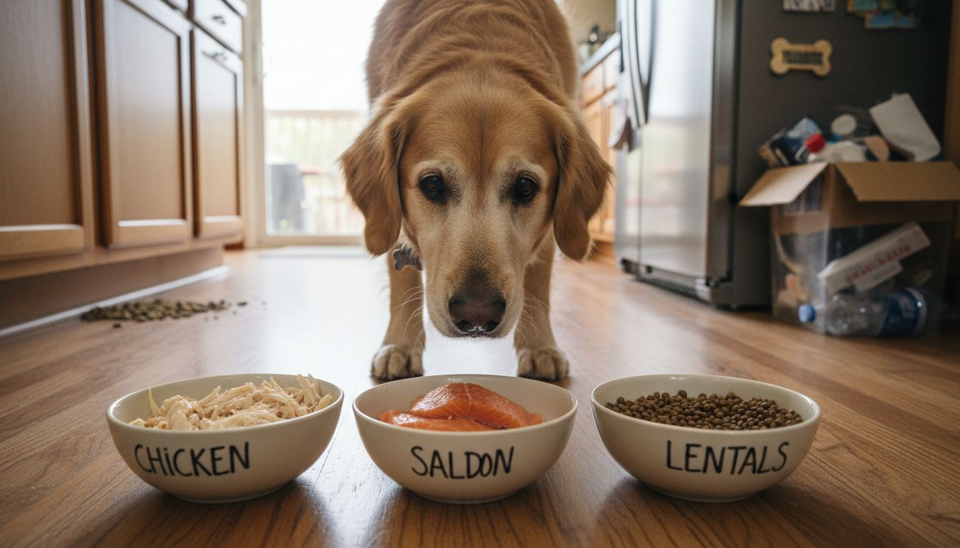 Dog examining various protein food bowls