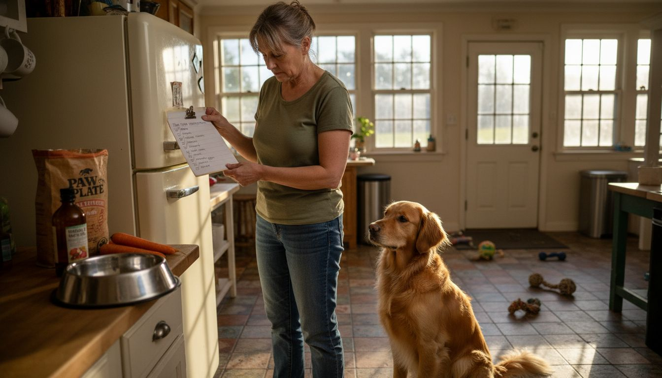 Owner checks dog food ingredient list in kitchen