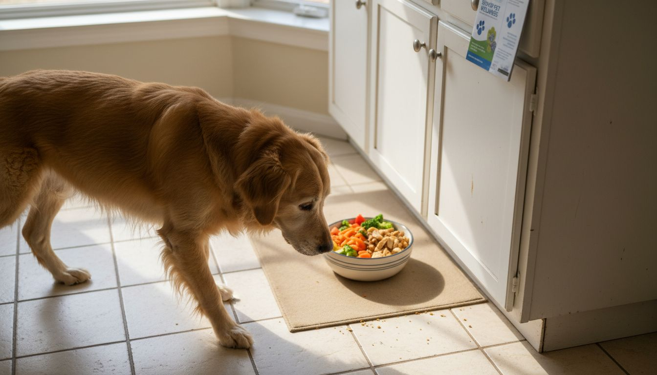 Older dog with healthy meal in kitchen
