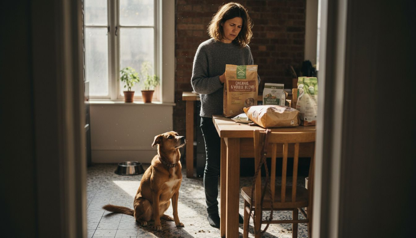 Dog owner examining natural pet food options