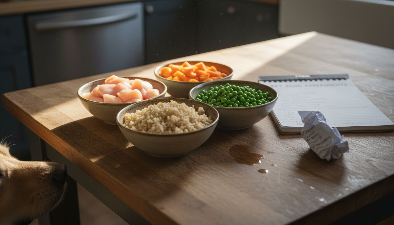 Natural dog food ingredients on kitchen island