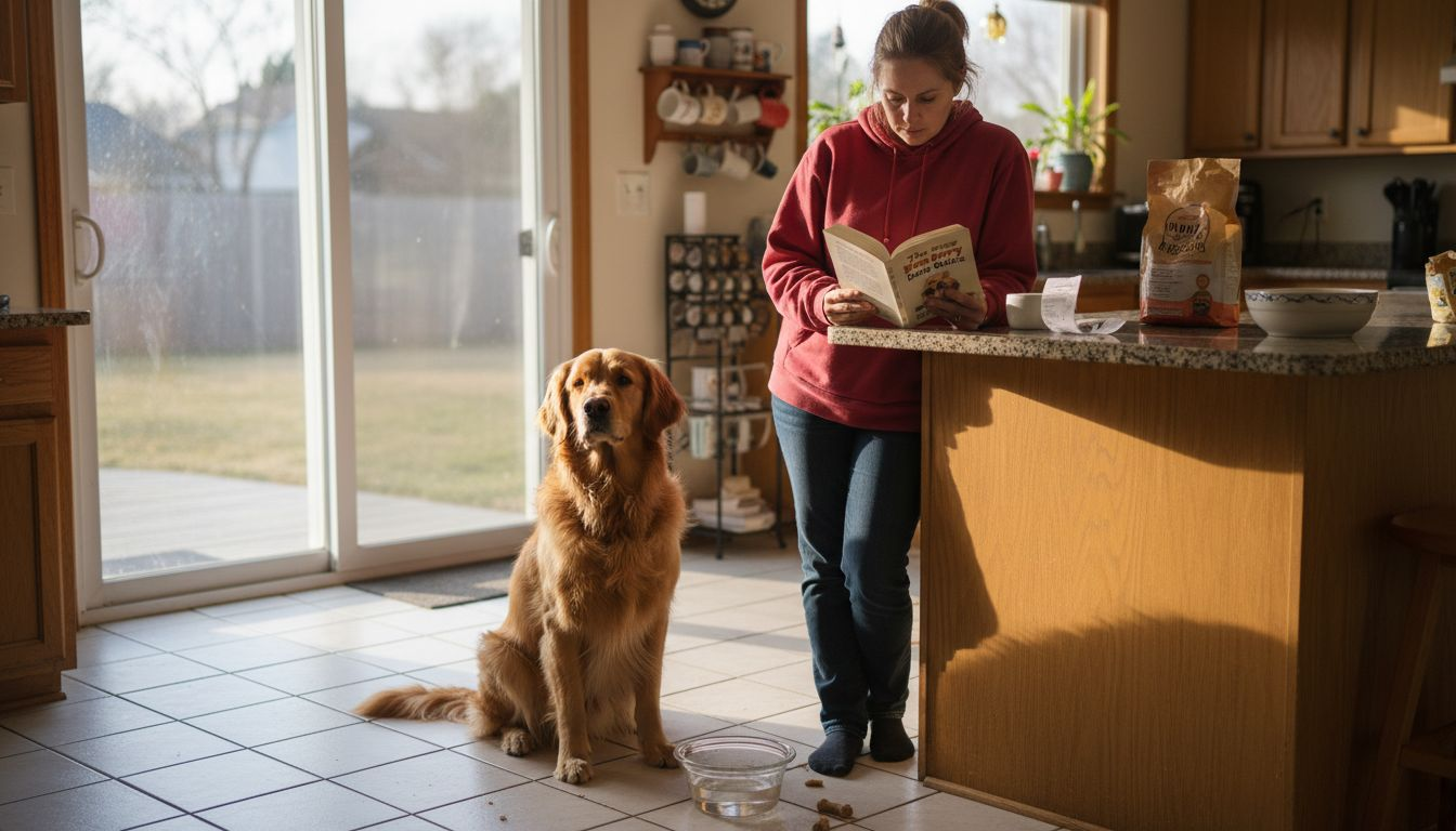 Dog and owner in home kitchen learning about health