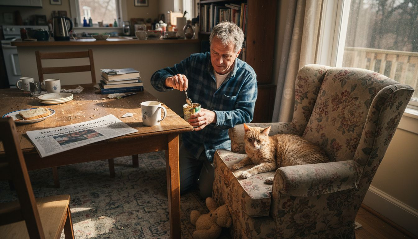 Man and cat in daily digestive health routine
