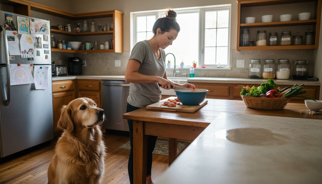 Dog observing healthy meal preparation in home kitchen
