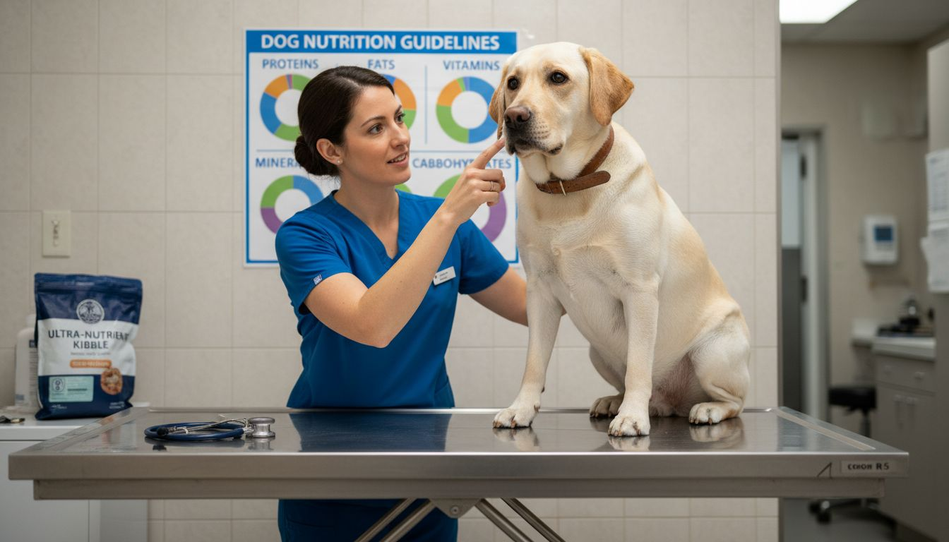 Vet showing dog nutrition chart in exam room