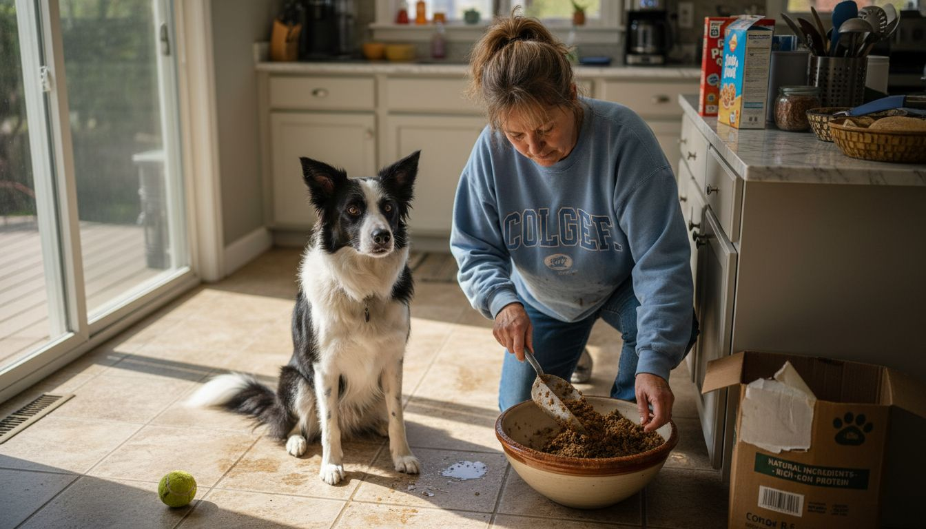 Owner preparing healthy dog food in kitchen