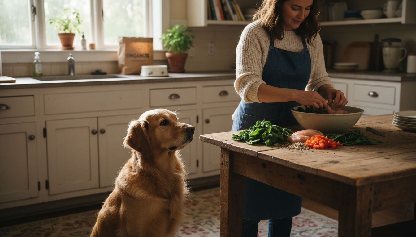 Dog and owner prepare natural pet food in kitchen