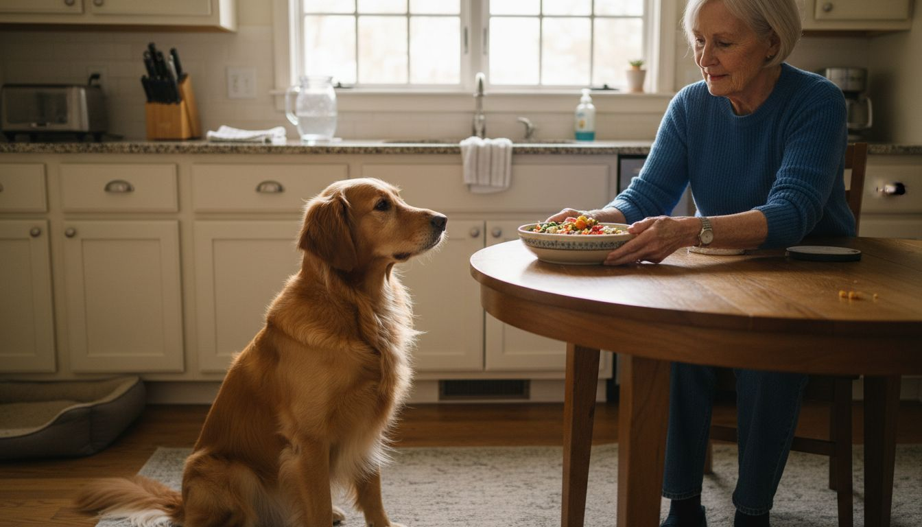 Dog waiting for balanced meal at kitchen table