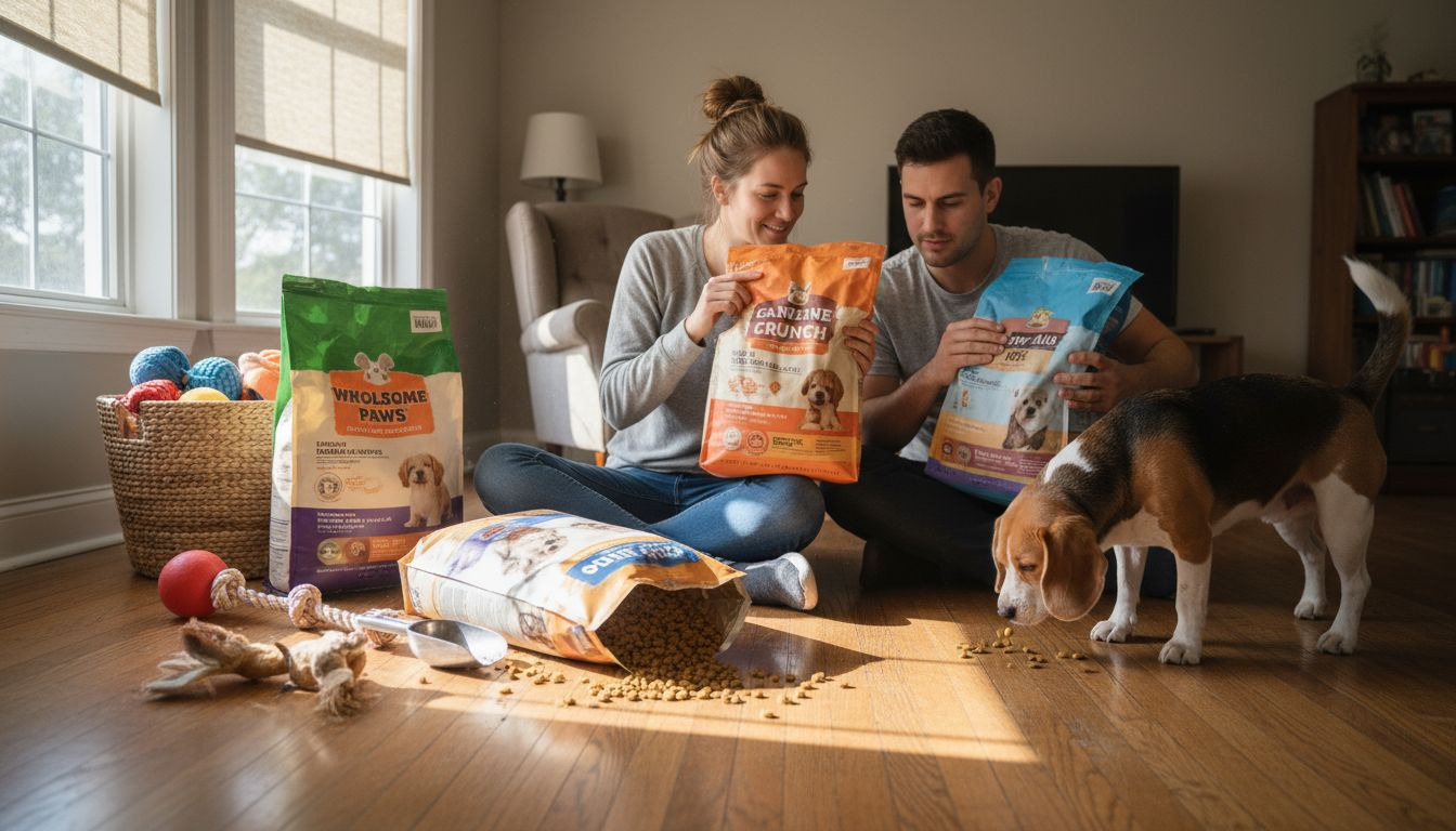 Owners compare dog food nutrients with beagle