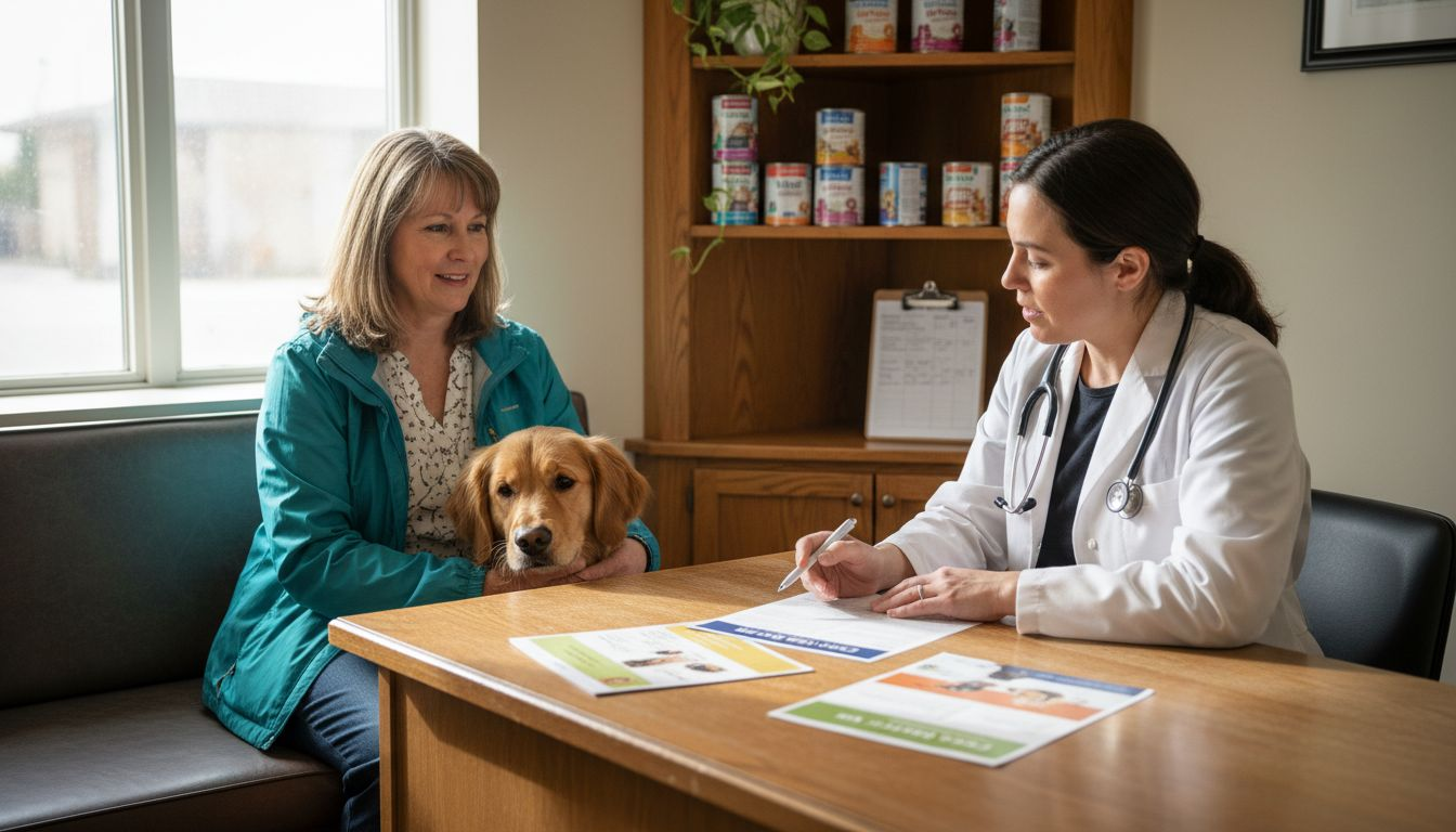 Dog owner reviews diet advice with vet