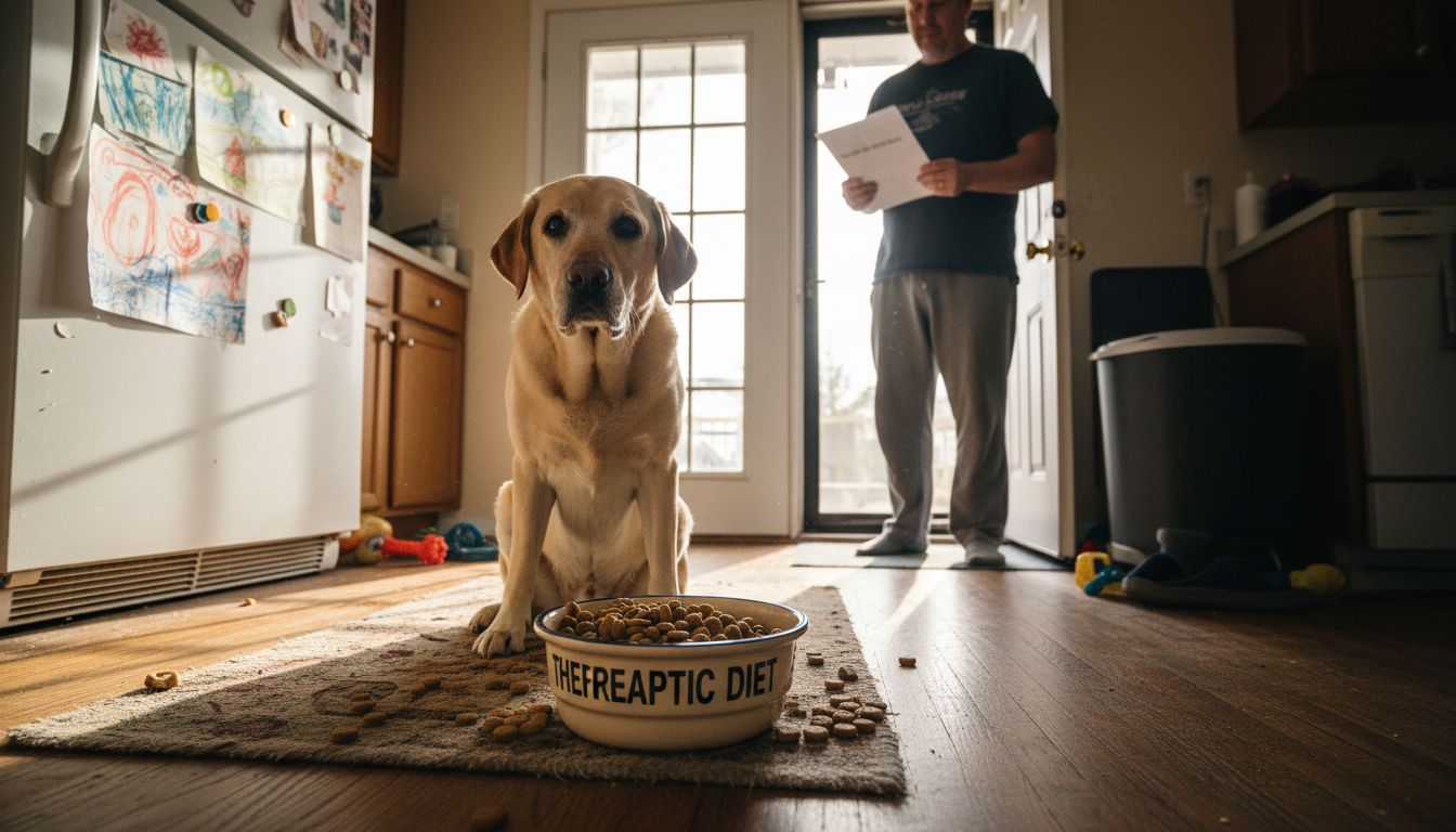 Dog eating therapeutic diet in kitchen
