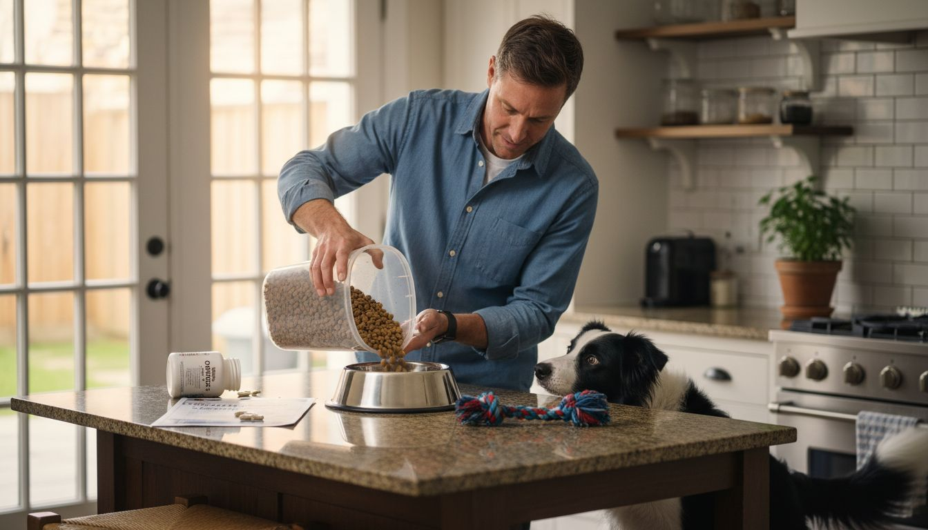 Nutritionist pouring dog kibble and reading label